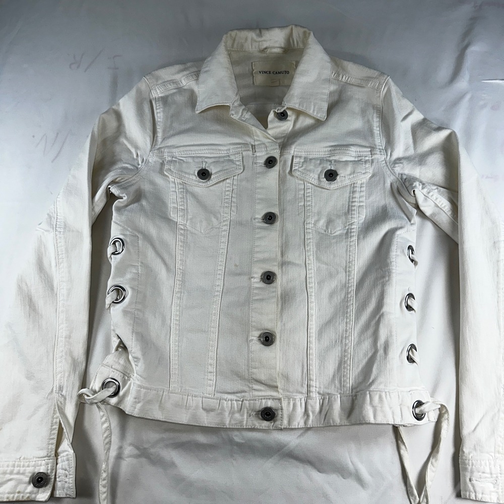 Vince Camuto Womens White Denim Lace Up Side Grommet Trucker Jacket XS